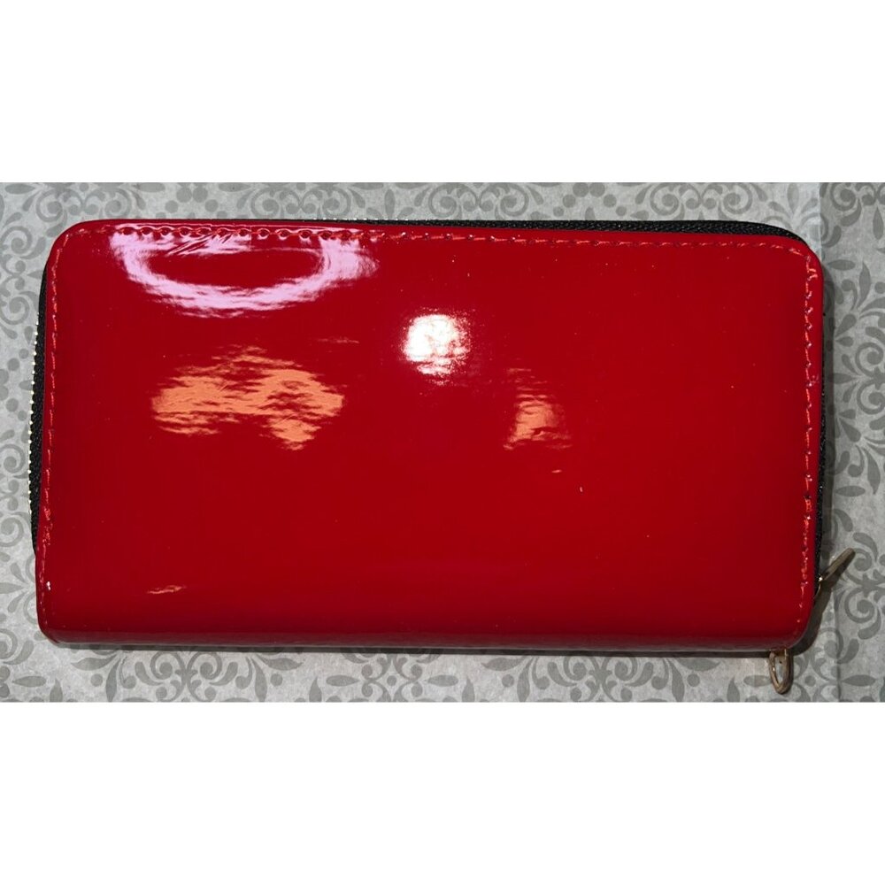 Red Patent Leather Double-Zipper Wallet Multiple Compartments & Gold Hardware